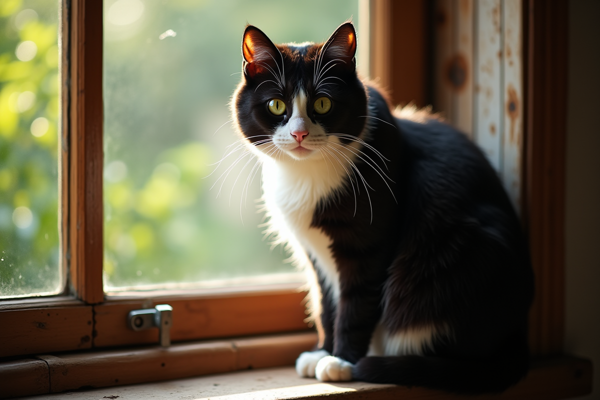 Chat noir et blanc aux yeux verts sur une fenêtre ensoleillée