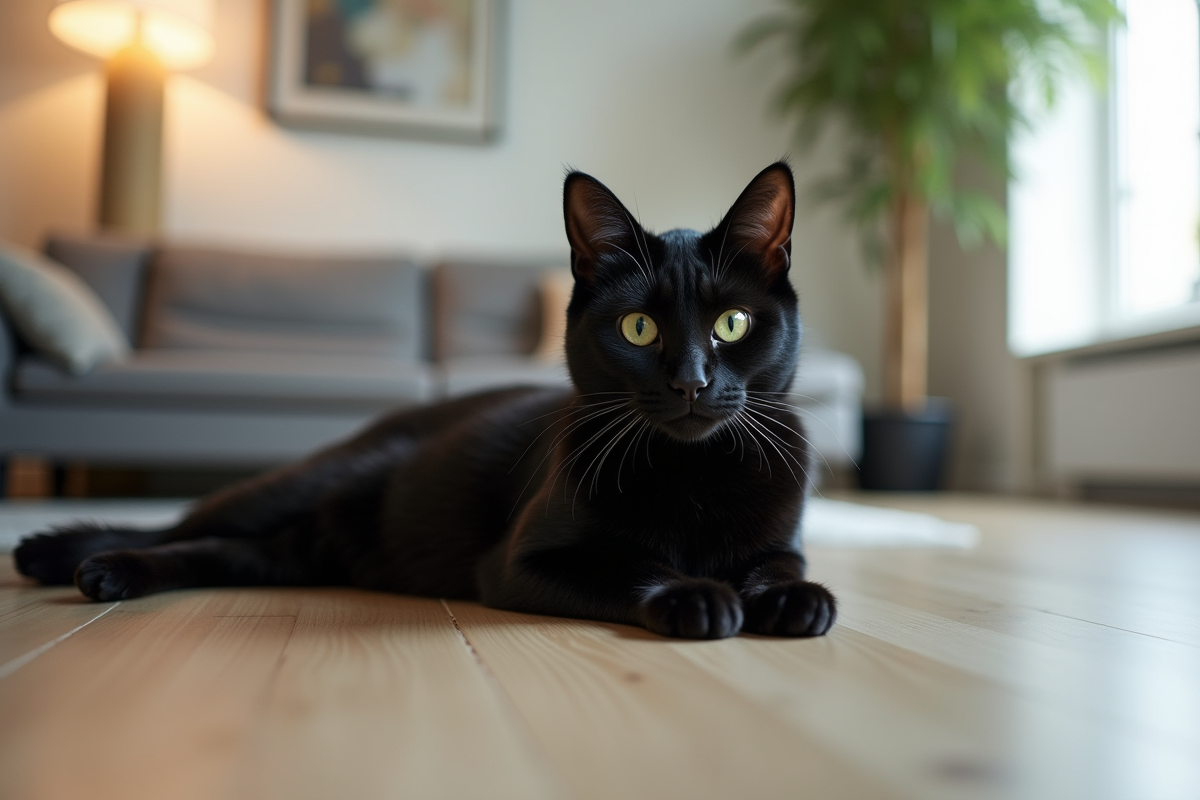 Chat noir aux yeux verts sur le sol en bois clair