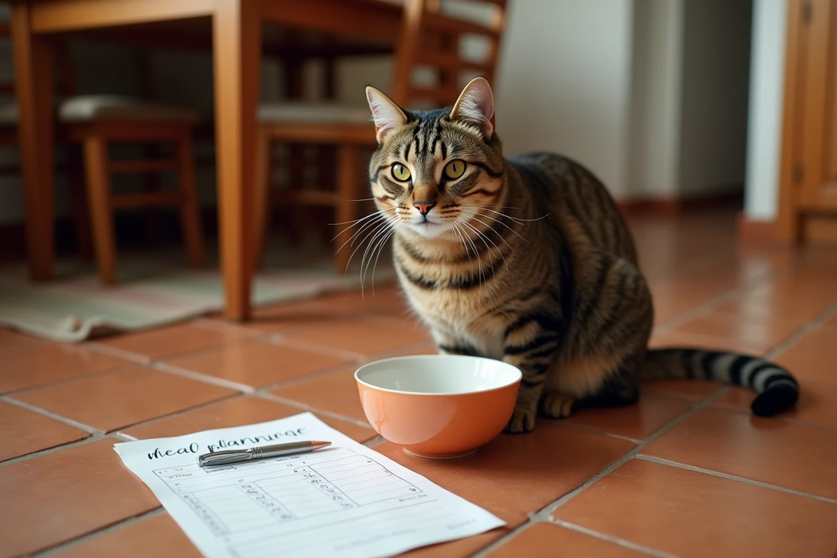 Chat stérilisé devant sa gamelle avec un planning de repas hebdomadaire fait main