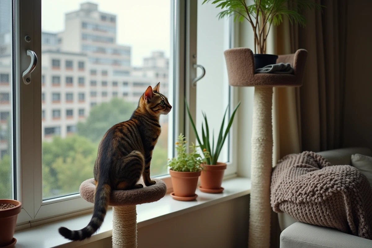 Chat egyptien Mau observant par une grande fenêtre d