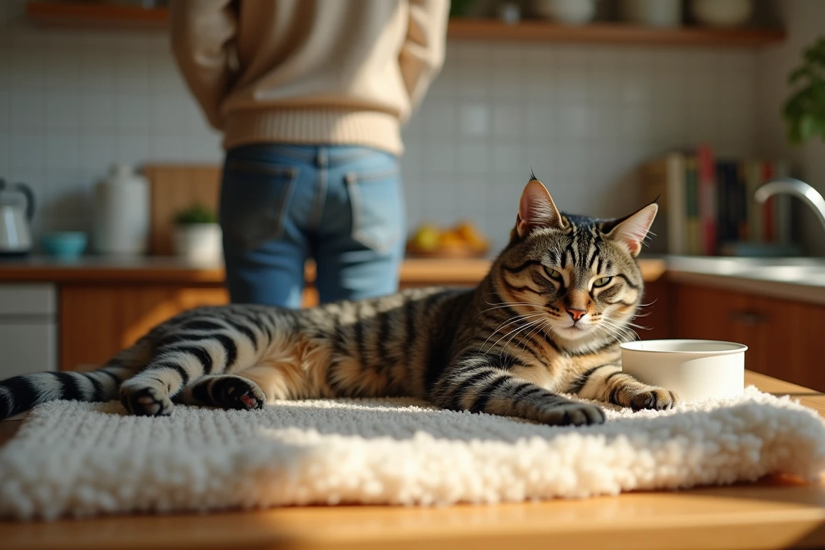 Chat rayé allongé sur une table de cuisine ensoleillée