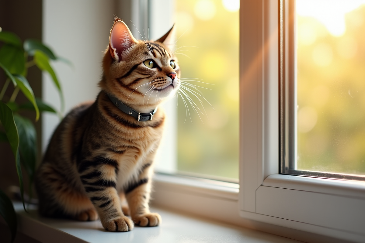 Chat tabby joueur sur la fenetre ensoleillee