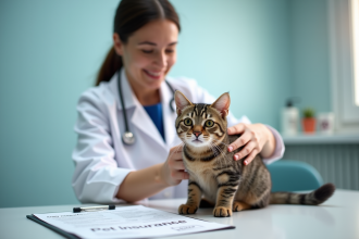 Chat heureux examiné par un vétérinaire dans une clinique