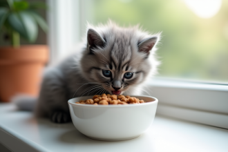 Chaton angora gris mangeant dans un bol blanc lumineux