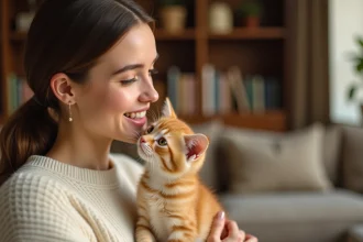 Chaton roux affectueux blotti contre le visage d'une femme souriante dans un intérieur chaleureux