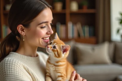 Chaton roux affectueux blotti contre le visage d'une femme souriante dans un intérieur chaleureux