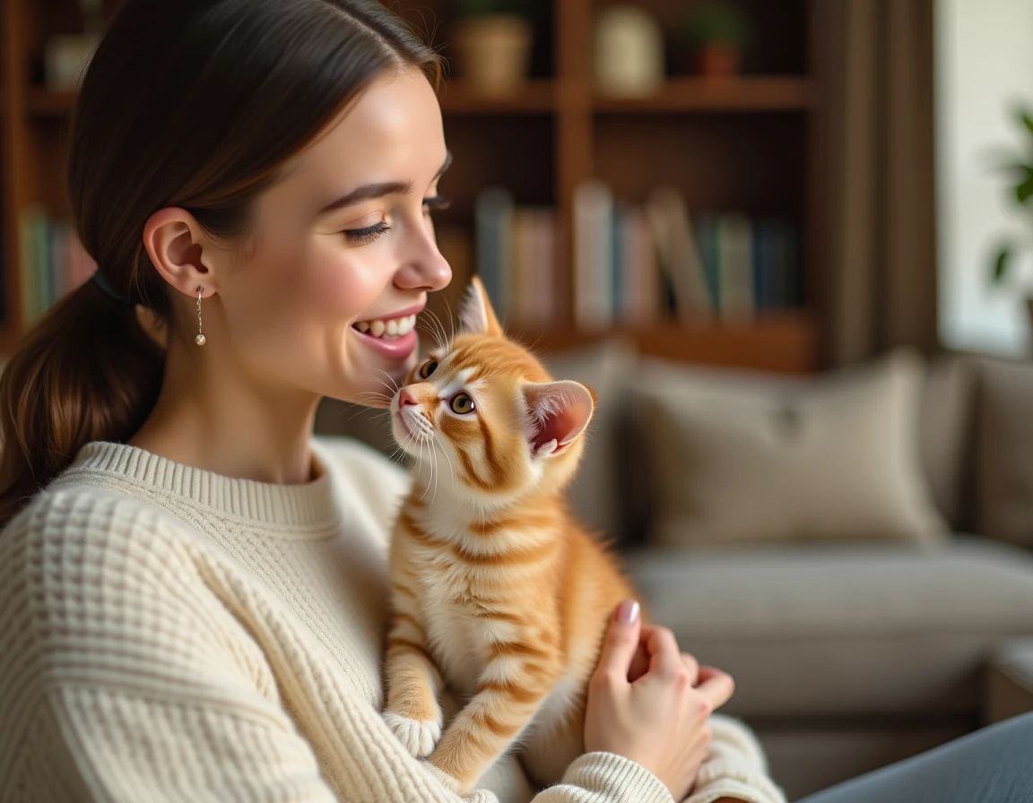 Chaton roux affectueux blotti contre le visage d'une femme souriante dans un intérieur chaleureux