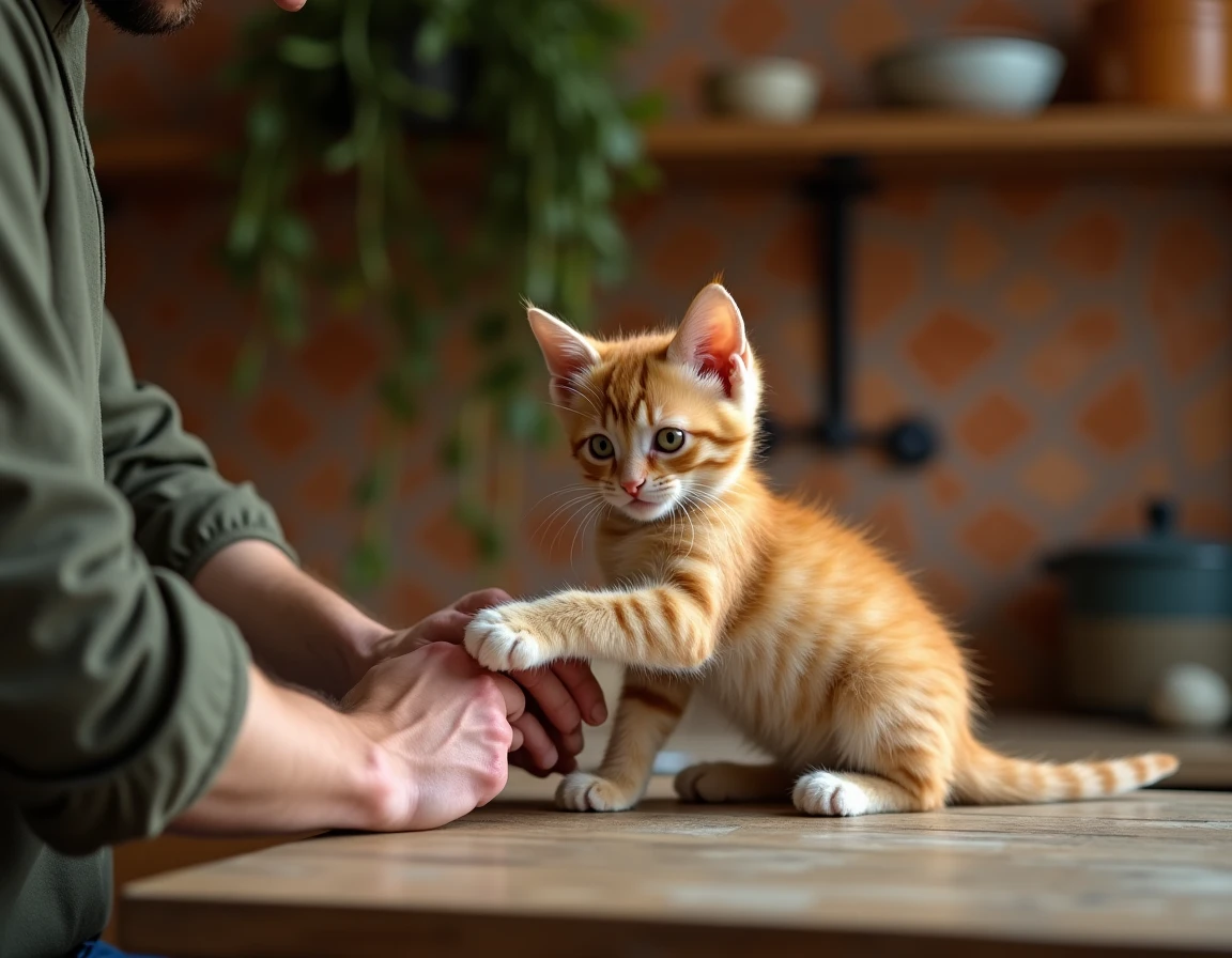 Chaton roux curieux tendant la patte vers la main d'un homme dans une cuisine rustique