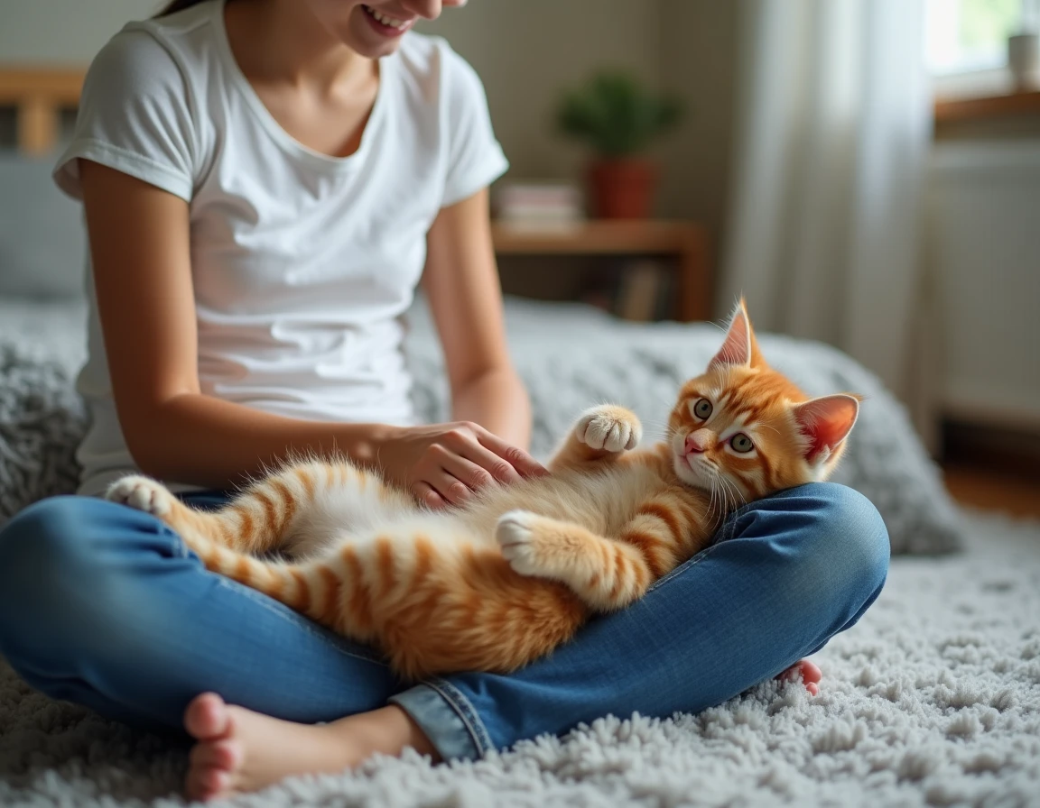 Chaton roux détendu allongé sur le dos sur les genoux d'une adolescente souriante dans une chambre lumineuse