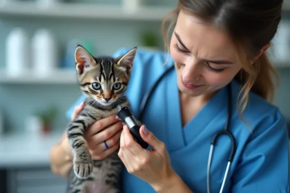 Chaton gris examiné par une vétérinaire en clinique