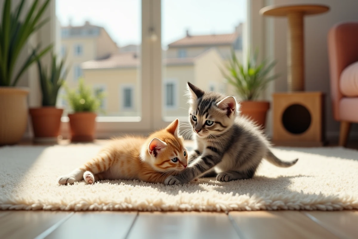 Deux chatons jouant sur un tapis dans un appartement à Toulon