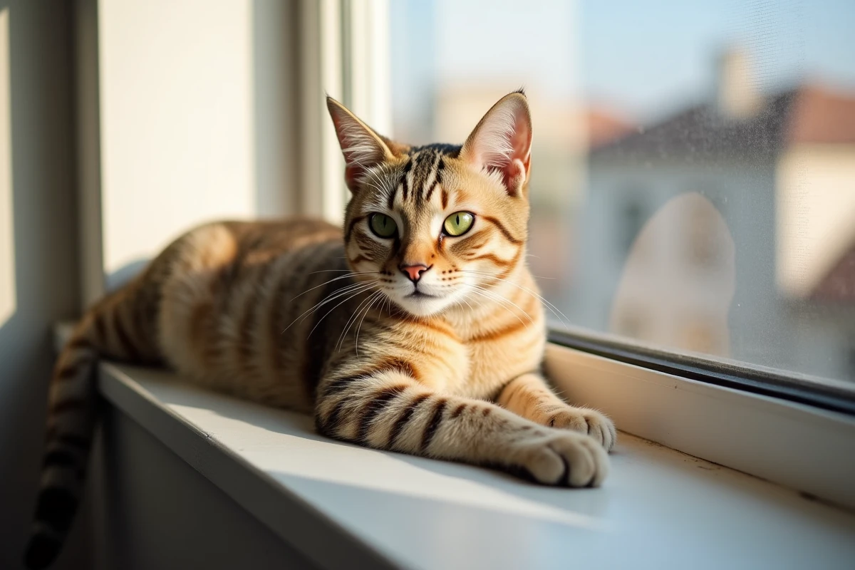 Chatte Scottish Straight femelle adulte aux marques tabby crème et marron allongée sur un rebord de fenêtre ensoleillé