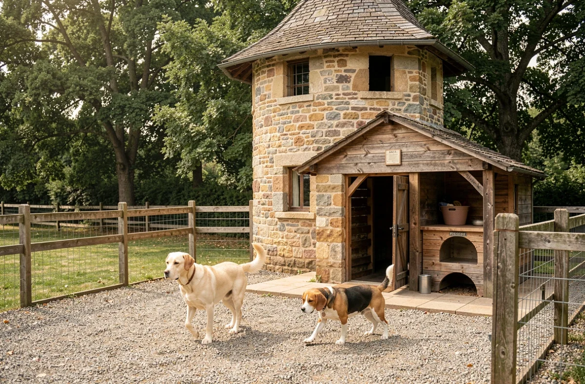 Chenil De La Tour à Arnas, un labrador et un beagle explorent un enclos extérieur en gravier devant une tour en pierre intégrée dans l'établissement de pension canine