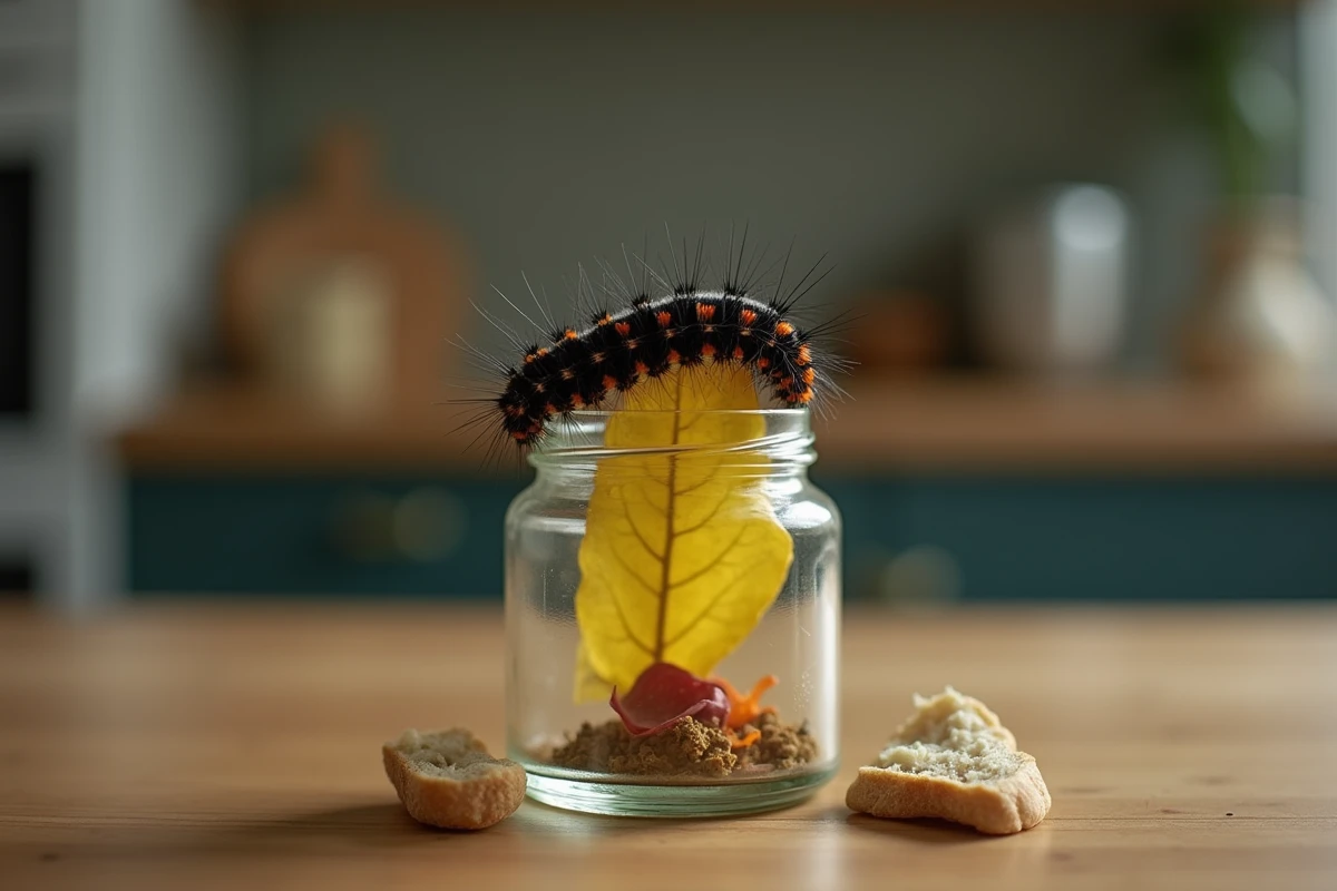 Chenille noire et orange dans un bocal en verre avec de mauvais aliments comme du pain et une fleur séchée