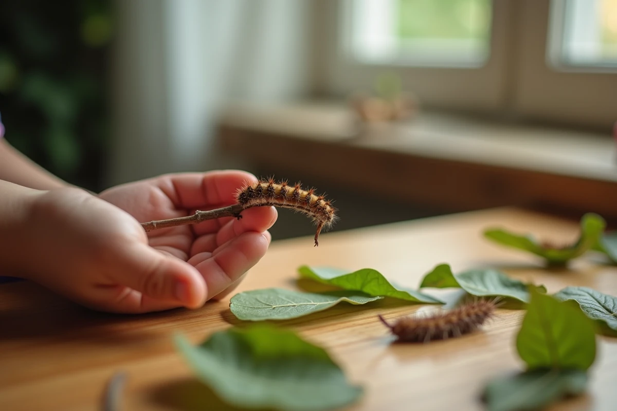 Main tenant une brindille avec une chenille brune entourée de différentes feuilles testées comme nourriture