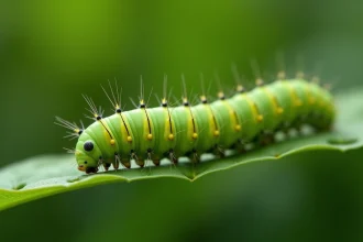 Chenille verte rayée de jaune mangeant une feuille percée de trous dans un jardin naturel