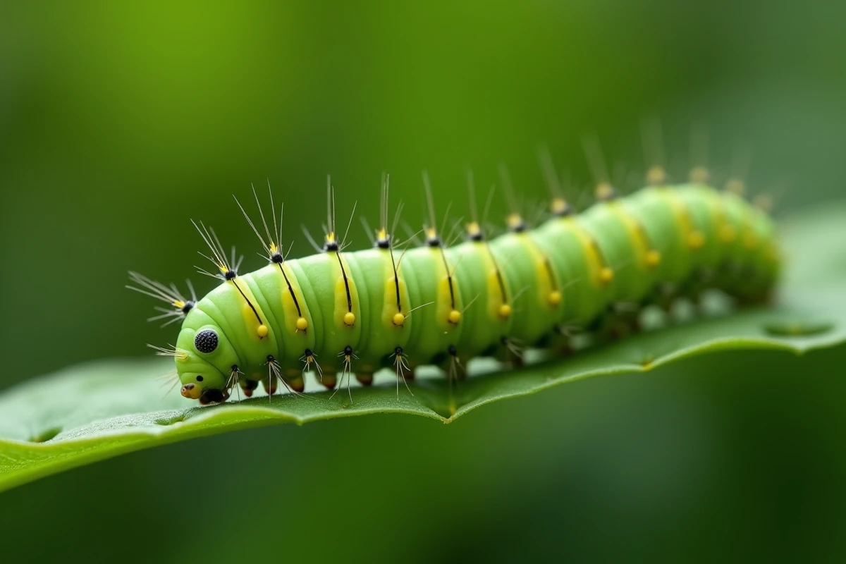 Chenille verte rayée de jaune mangeant une feuille percée de trous dans un jardin naturel