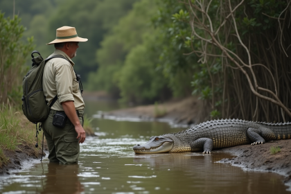 Chercheur en nature observant un crocodile au bord de la rivière