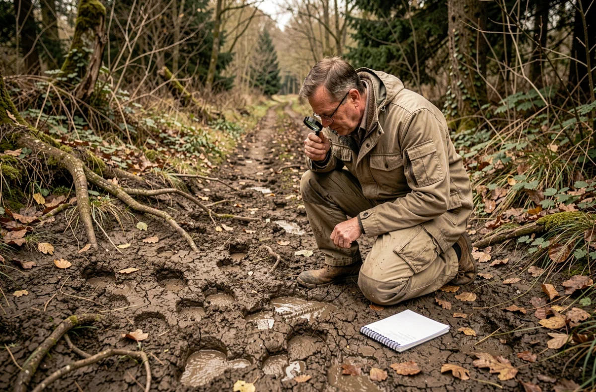 Un chercheur en faune sauvage examinant des empreintes d'animaux dans la boue en lisière de forêt lors d'une étude de terrain