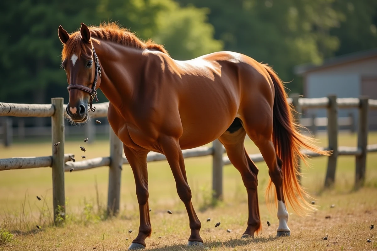 Cheval bai en paddock infesté de mouches en été, montrant des signes d'irritation cutanée