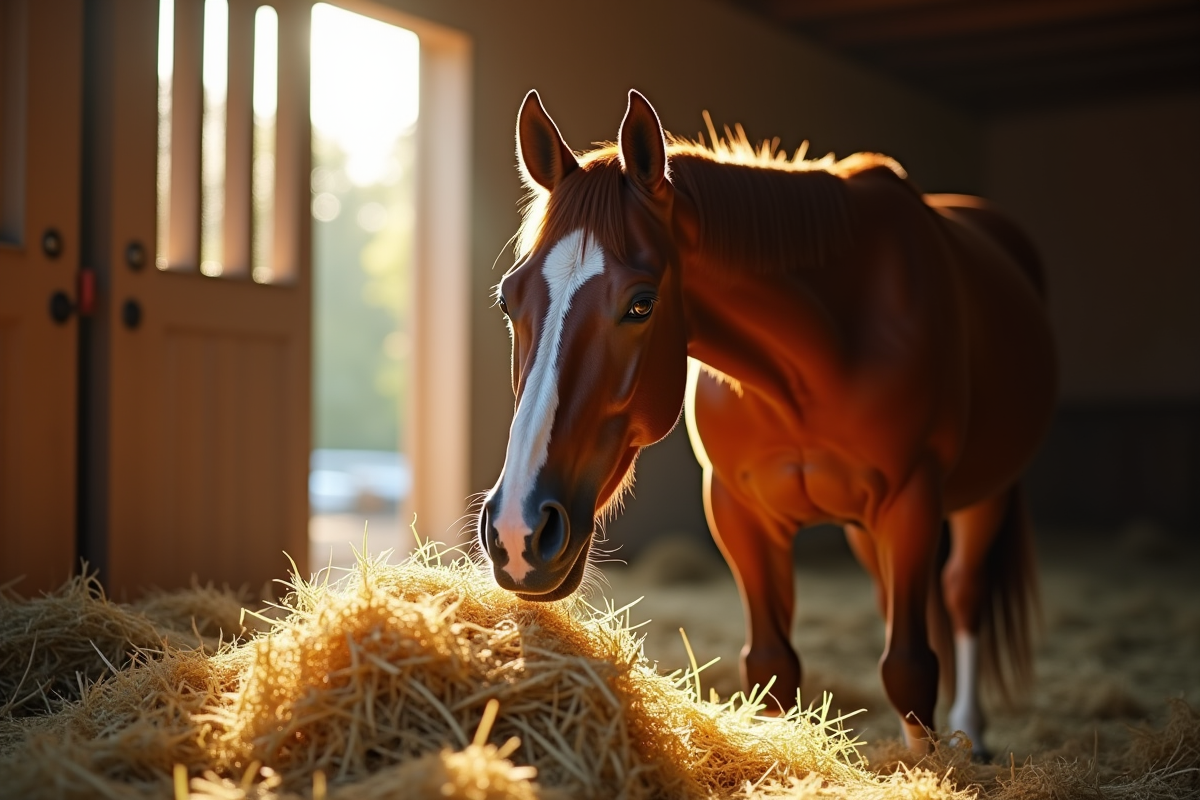 Cheval en bonne santé mangeant du foin dans une étable ensoleillée