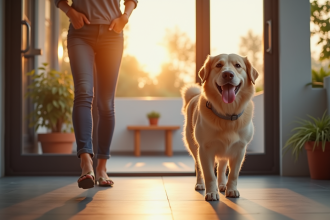 Chien heureux accueilli par un pet-sitter dans un centre moderne
