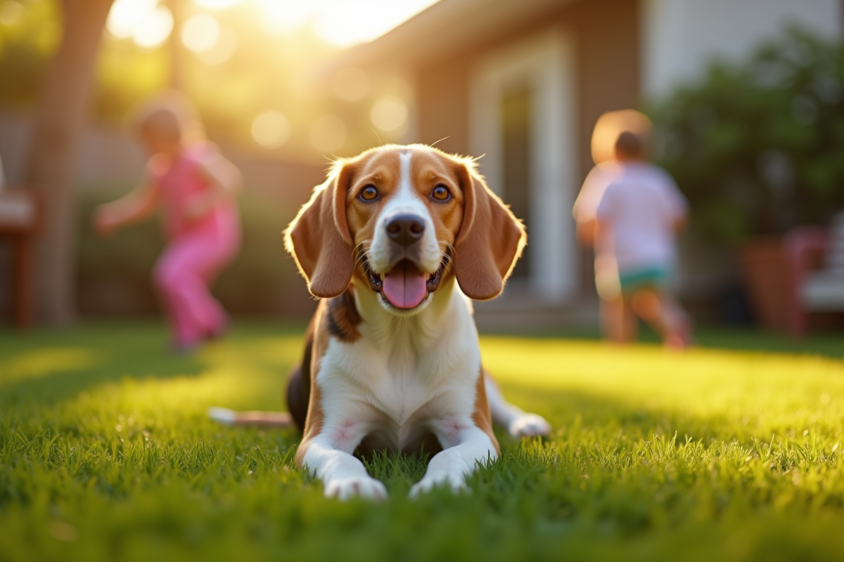 Beagle heureux dans un jardin ensoleille