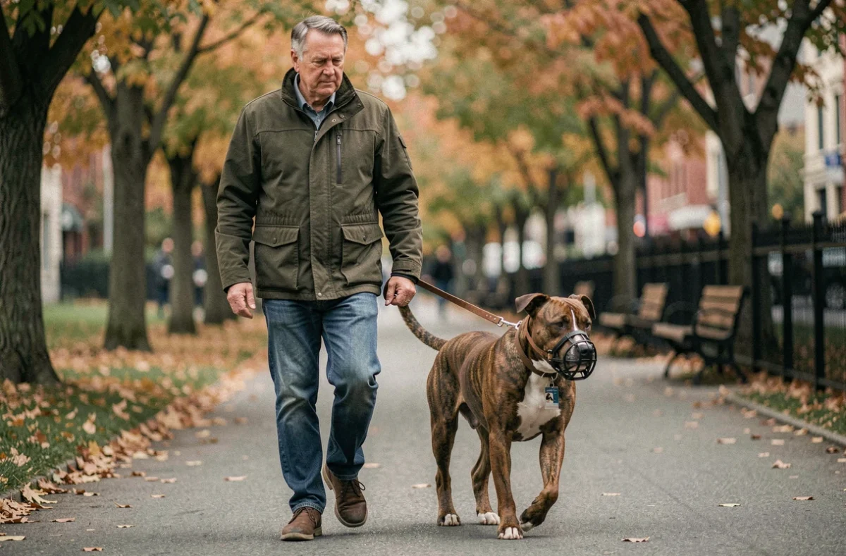 Propriétaire promenant un chien de catégorie 3 en laisse courte avec muselière dans un parc urbain