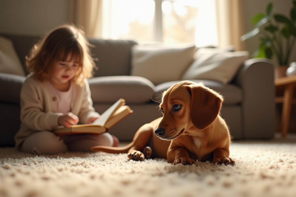 Petit chien dachshund couché sur un tapis avec une fille lisant un livre
