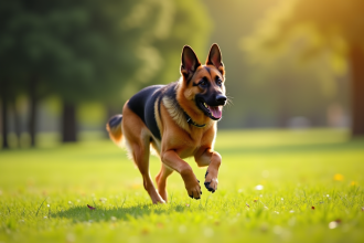 Chien allemand en pleine course dans un parc ensoleille