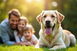 Labrador attentif avec famille dans le jardin ensoleille