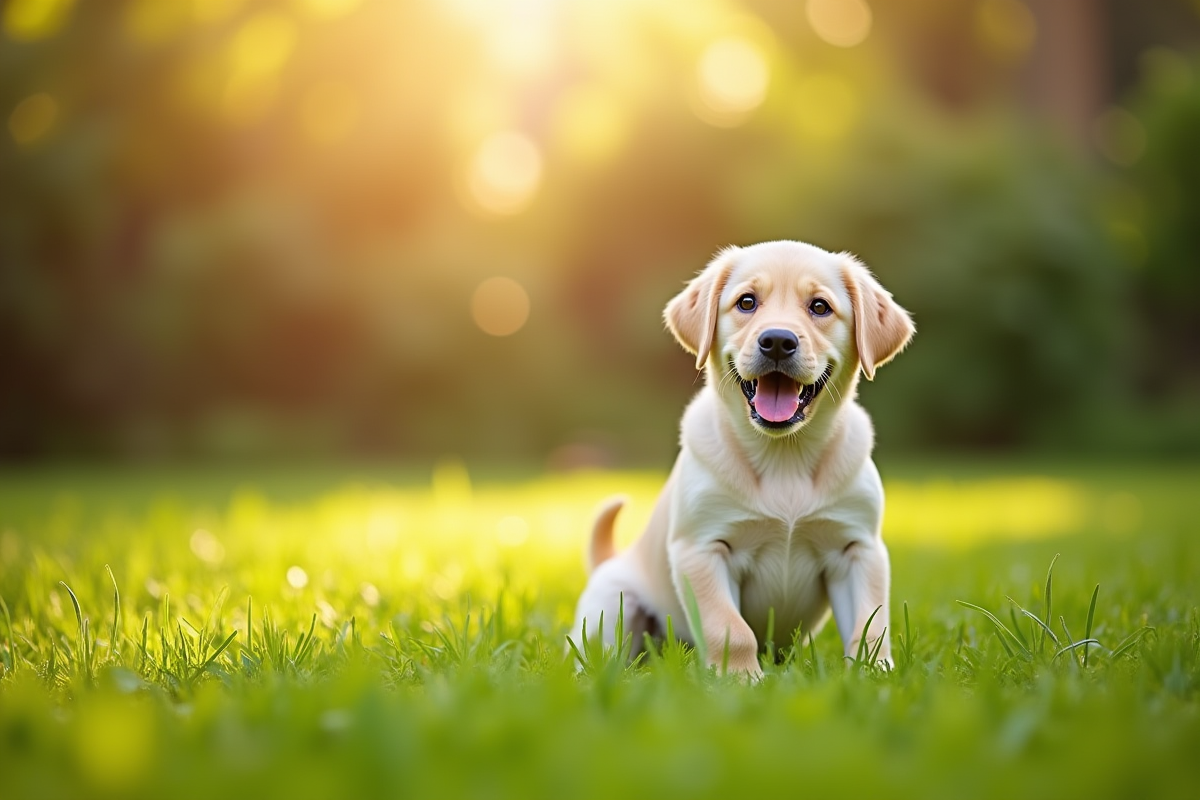 Petit labrador heureux dans un jardin ensoleille