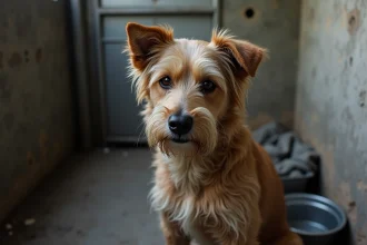 Chien de refuge au pelage ébouriffé et à l'expression mélancolique regardant l'objectif dans un chenil en béton