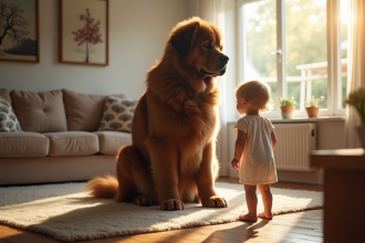 Chien Newfoundland adulte avec un enfant dans un salon lumineux
