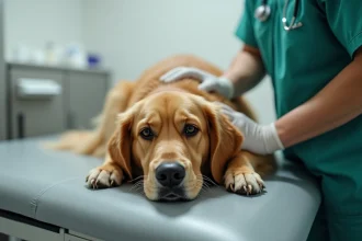 Chien golden retriever examiné par un vétérinaire sur une table de consultation pour des vomissements répétés