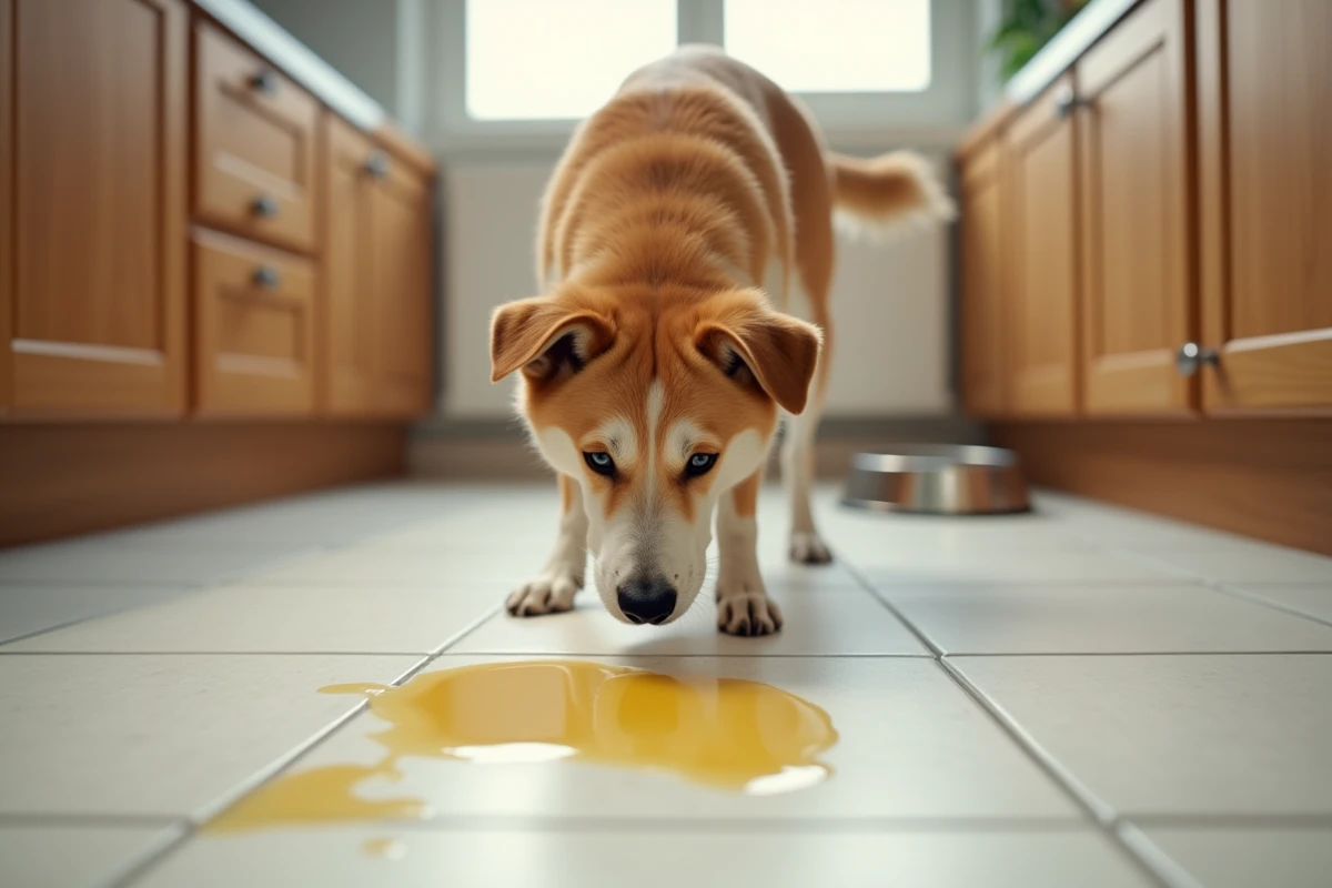 Chien malade avec vomissement jaune sur le carrelage de cuisine à la maison