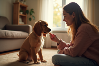 Jeune cocker spaniel assis dans un salon chaleureux