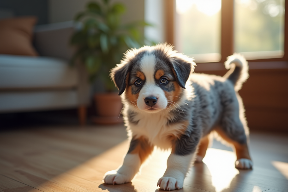 Chiot berger australien merle en intérieur sous lumière douce