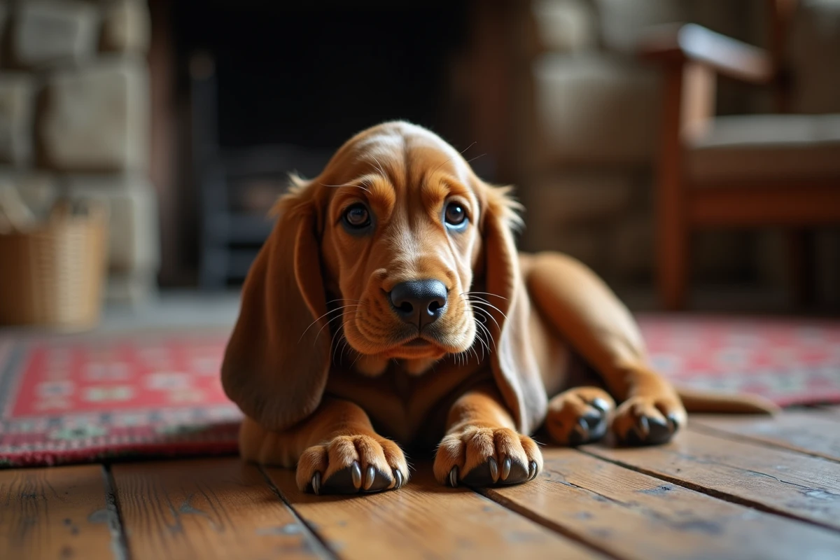 Jeune chiot Basset Hound Griffon Vendéen dans une maison chaleureuse