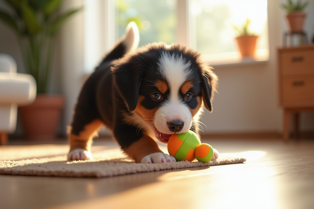 Chiot berger bernois jouant dans un salon lumineux