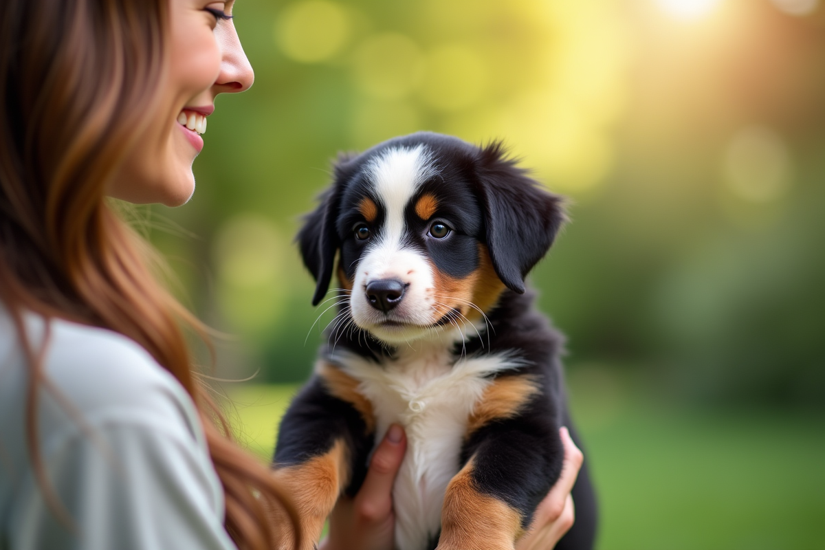 Chiot berger bernois tenu par une personne dans un jardin