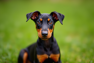 Chiot doberman adorable assis attentivement en lumière naturelle