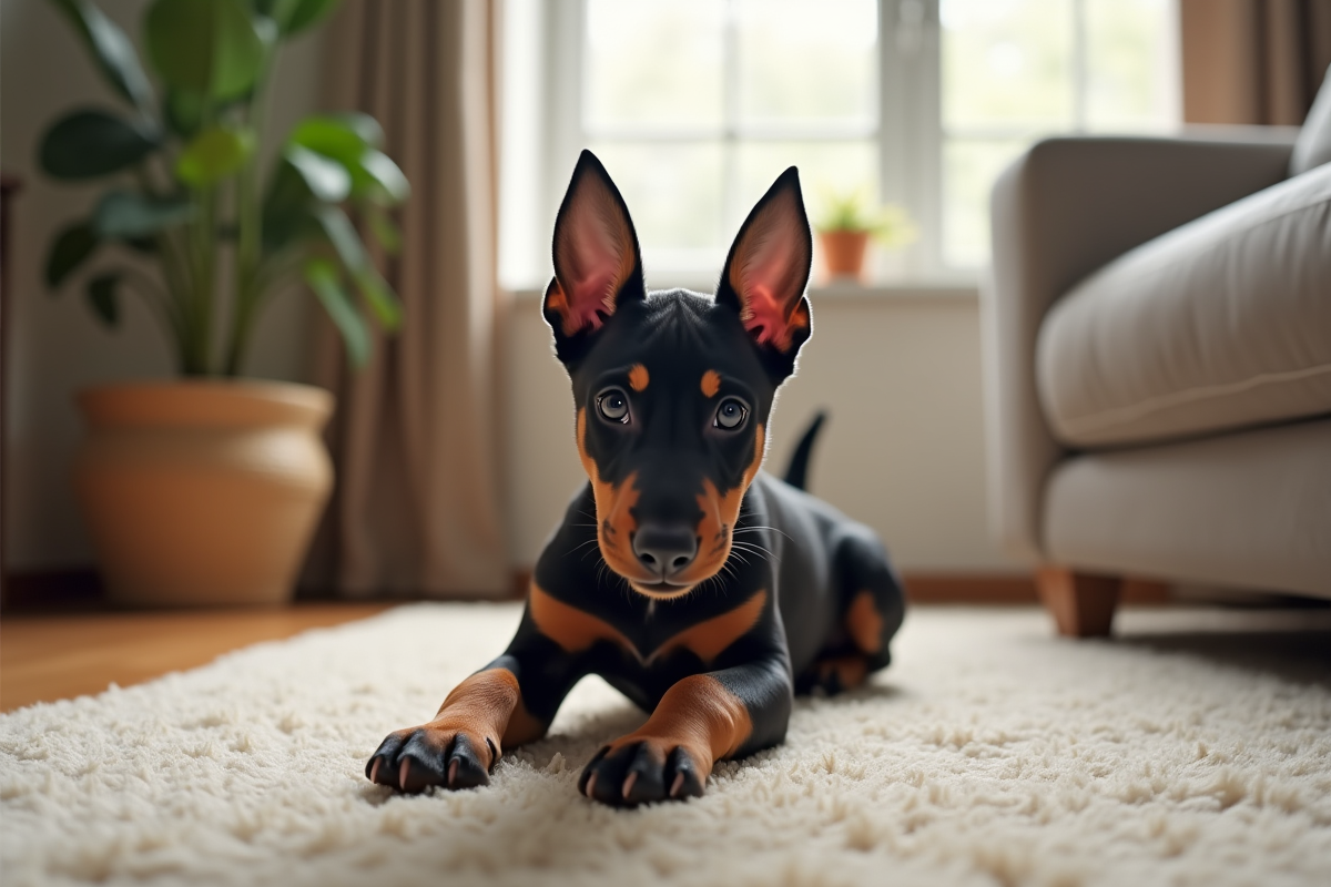 Chiot doberman joueur dans un salon moderne intérieur