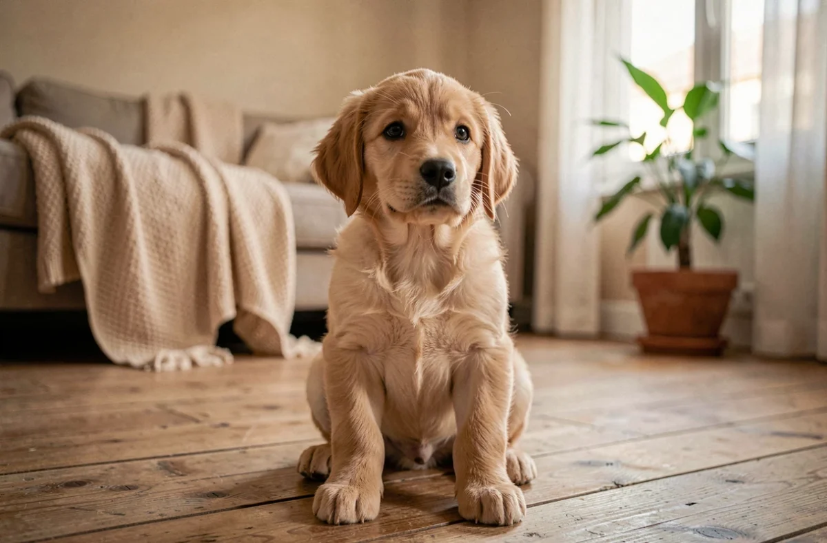 Chiot golden retriever de 8 semaines assis sur un parquet en bois dans un intérieur familial en Gironde, regard expressif et curieux