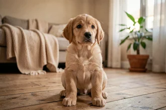 Chiot golden retriever de 8 semaines assis sur un parquet en bois dans un intérieur familial en Gironde, regard expressif et curieux