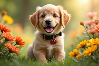 Un chiot souriant avec un collier V dans un jardin ensoleille