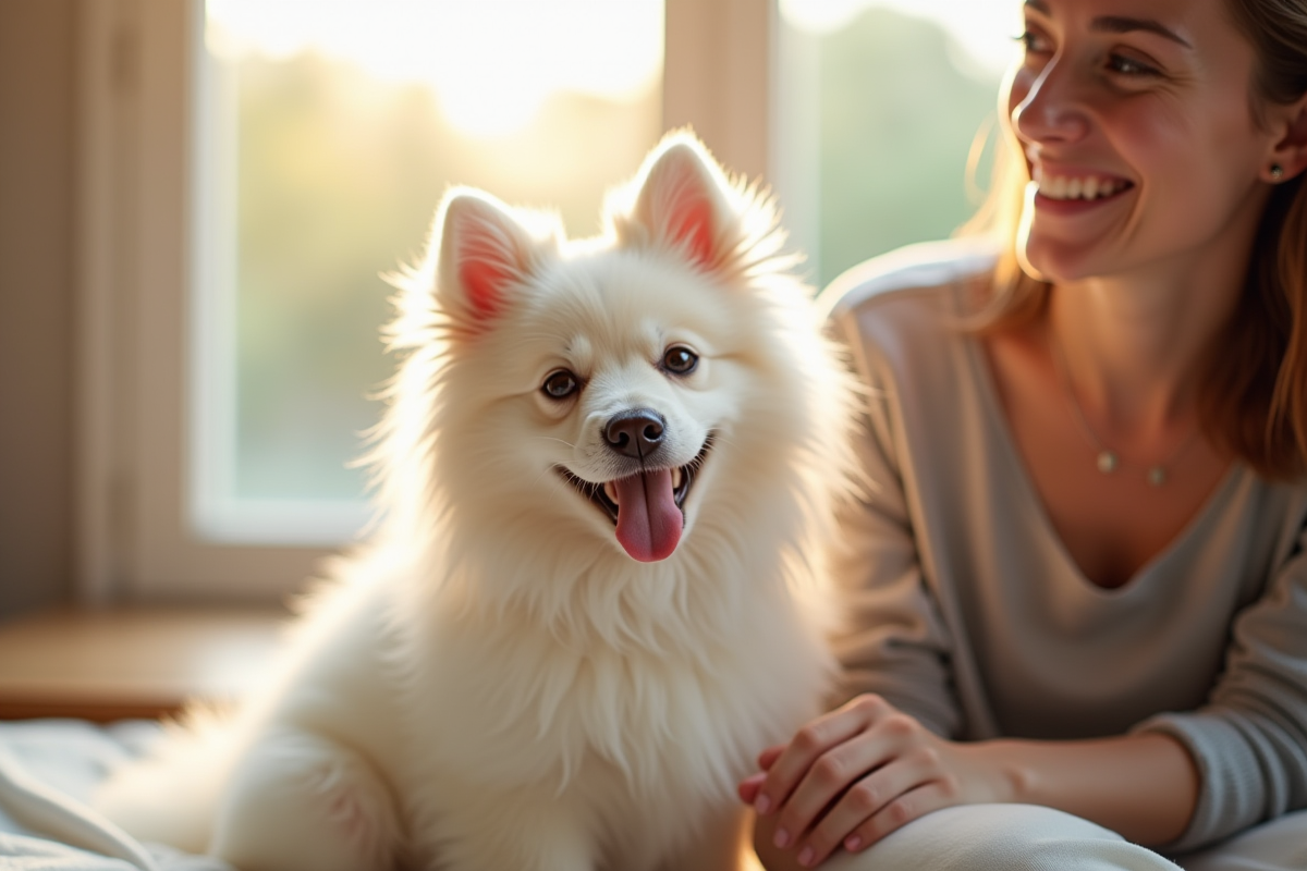 Chiot spitz heureux assis avec un parent dans une pièce lumineuse