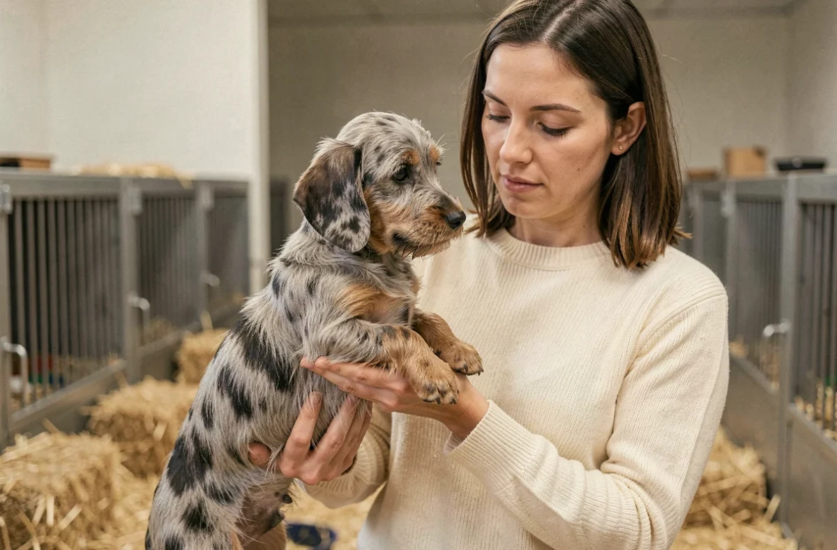 Éleveuse professionnelle tenant un chiot teckel arlequin dans un élevage canin