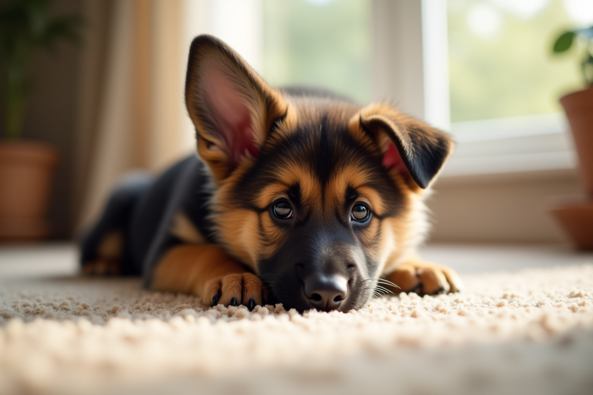 Chiot berger allemand allongé sur un tapis beige en intérieur