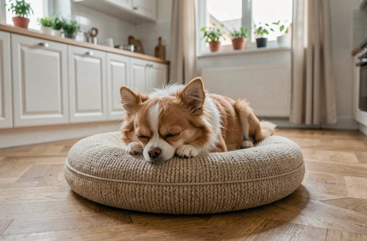 Petit chiwawa spitz roux allongé dans son panier en laine sur un parquet en appartement